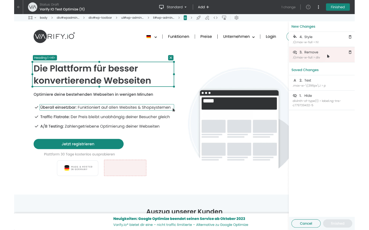 Changes in Varianten können auch nachträglich gelöscht werden