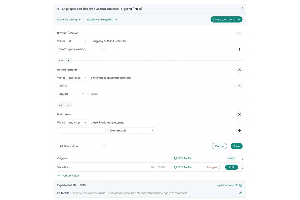 Definiere mit dem Segment Builder, welche Besuchergruppen Teil deines Experiments werden sollen